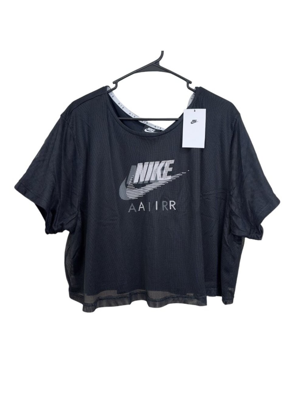 NIKE AIR Women SZ 2X Black/White Logo Mesh Cropped Tshirt Casual Streetwear